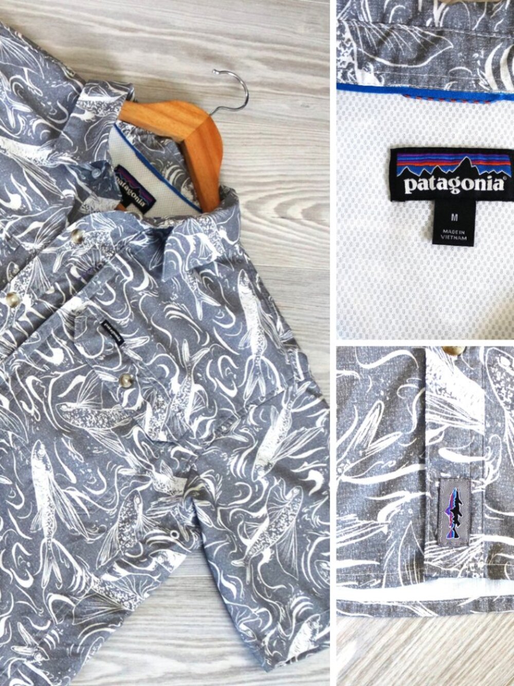 Patagonia Sol Patrol Fishing Shirt Mens M Gray Flying Fish All Over Print Vented